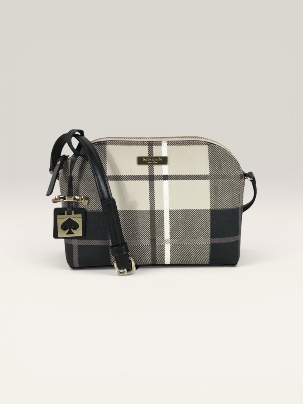 kate spade Black and Cream Plaid Crossbody with Spade Charm